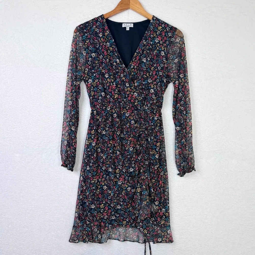 AVLN STUDIO Floral Faux Wrap Dress Long Sleeve Sheer‎ Mesh Ruffle Mini Black